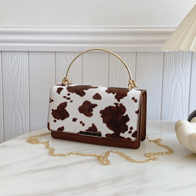 Cow Print Box Bag With Ring Handle - Coffee