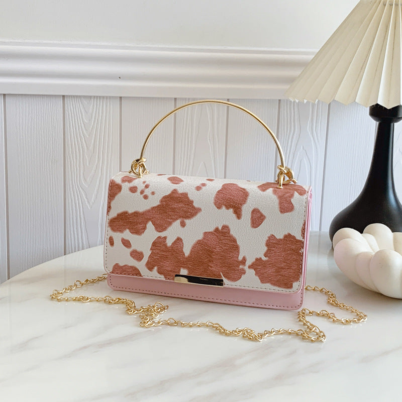 Cow Print Box Bag With Ring Handle - Pink