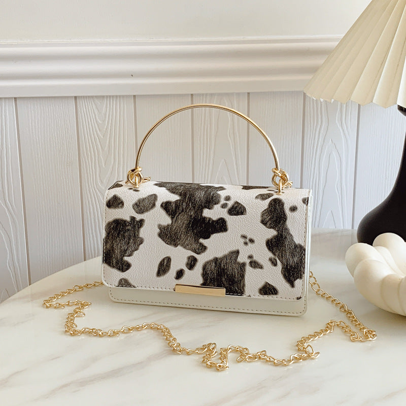 Cow Print Box Bag With Ring Handle - White