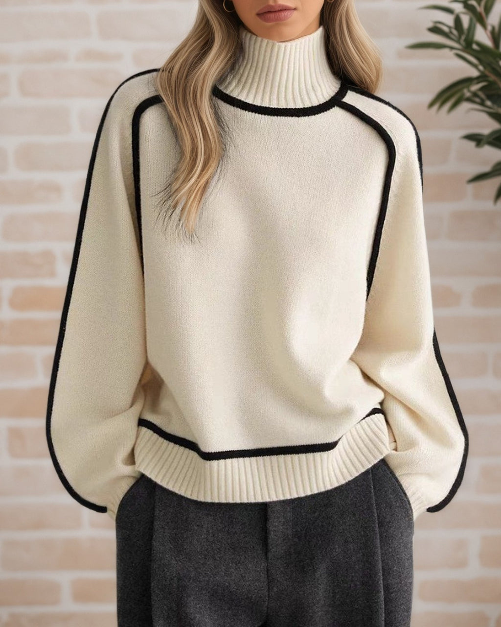 Contrast Piping Turtleneck Knit Sweater - Apricot