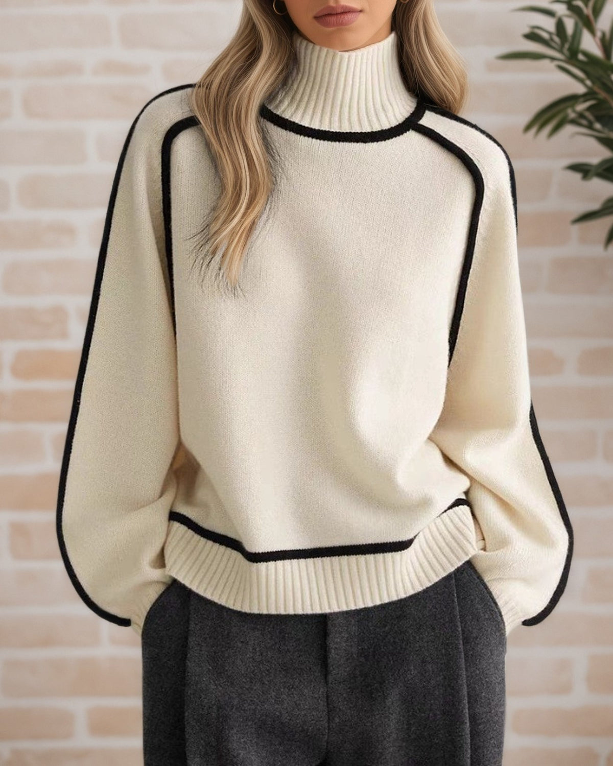 Contrast Piping Turtleneck Knit Sweater - Apricot