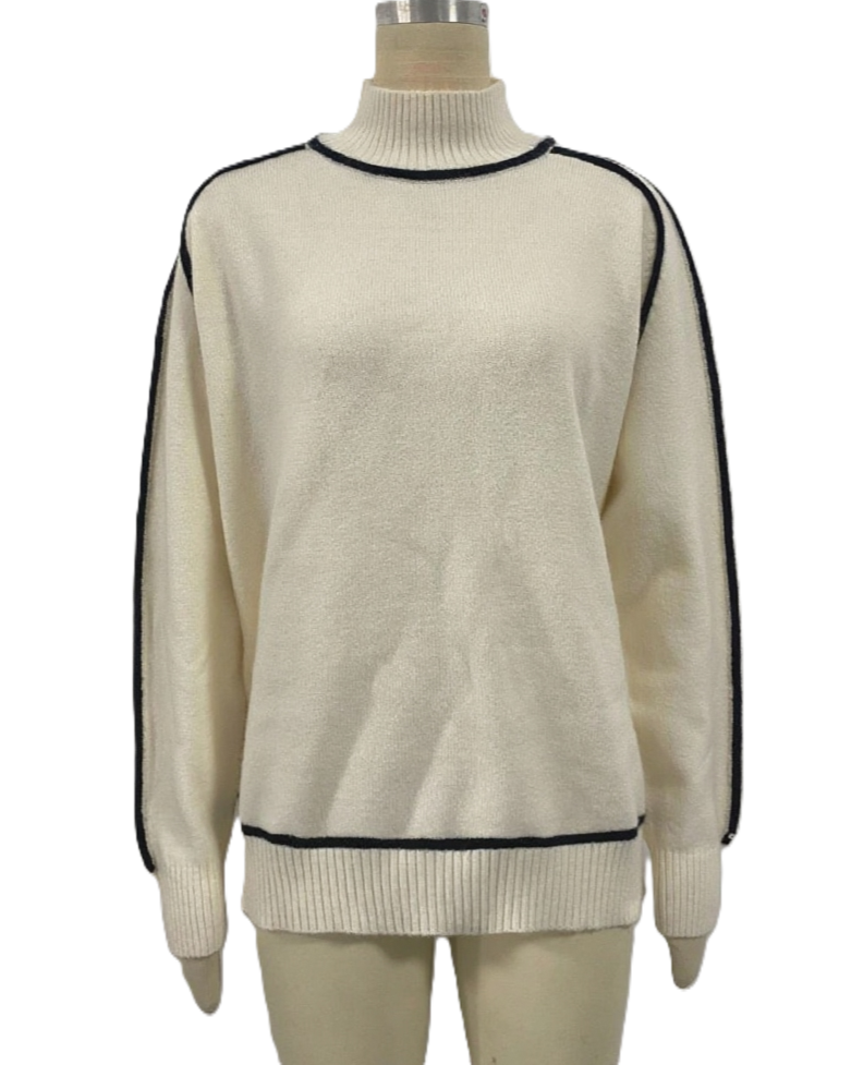 Contrast Piping Turtleneck Knit Sweater - Apricot - 1