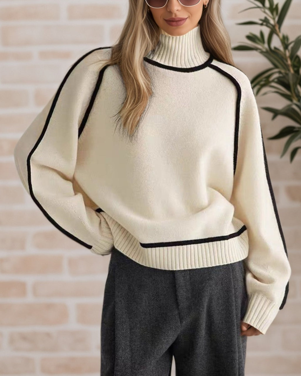 Contrast Piping Turtleneck Knit Sweater - Apricot - 2