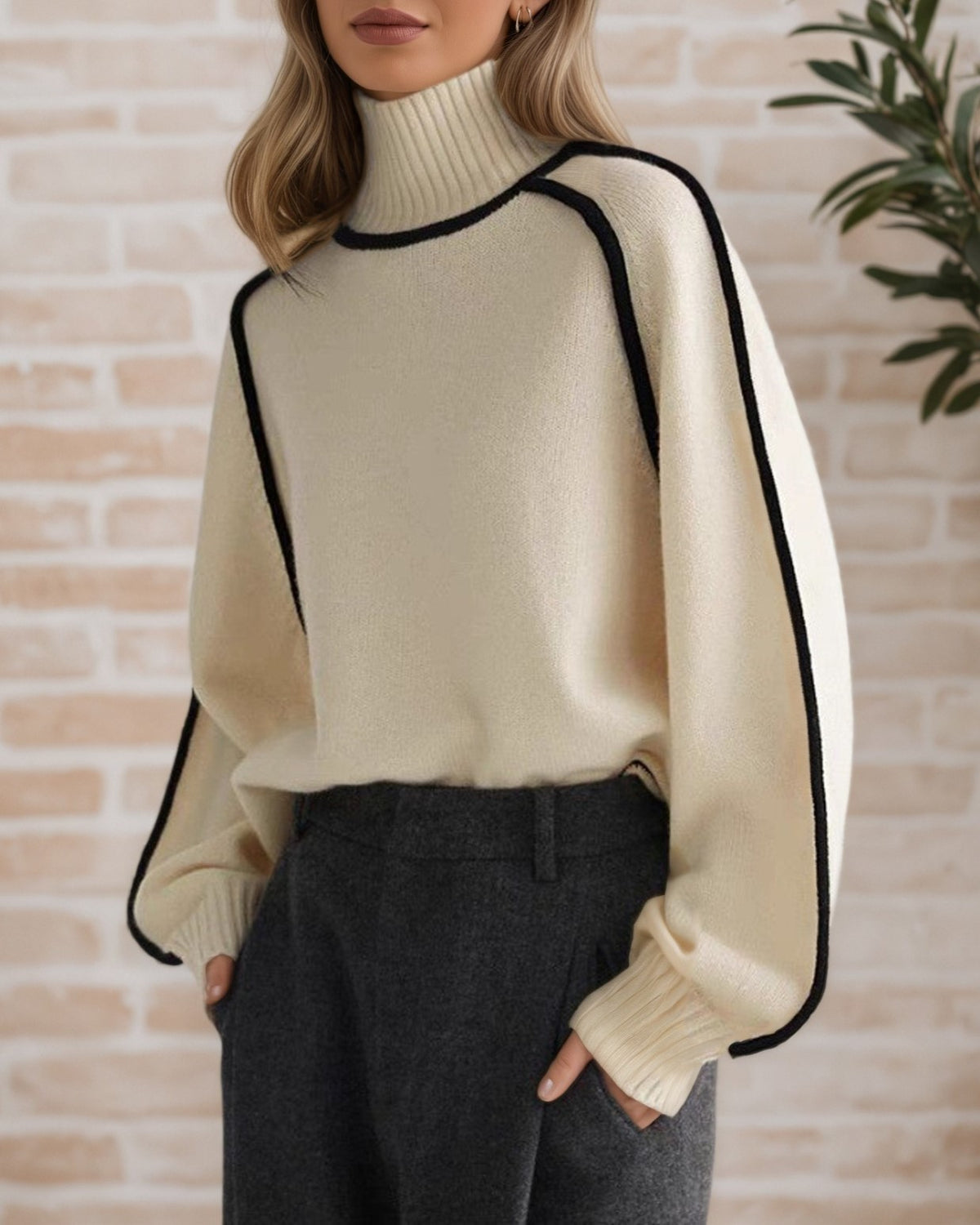 Contrast Piping Turtleneck Knit Sweater - Apricot - 3