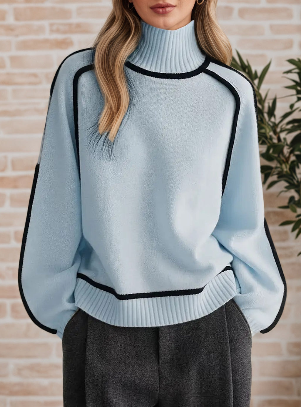 Contrast Piping Turtleneck Knit Sweater - Blue