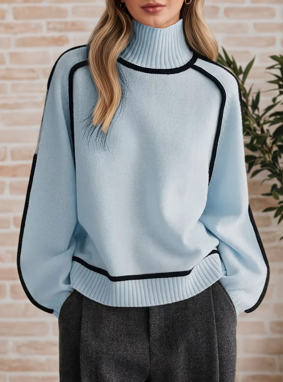 Contrast Piping Turtleneck Knit Sweater - Blue