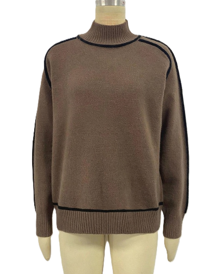 Contrast Piping Turtleneck Knit Sweater - Coffee