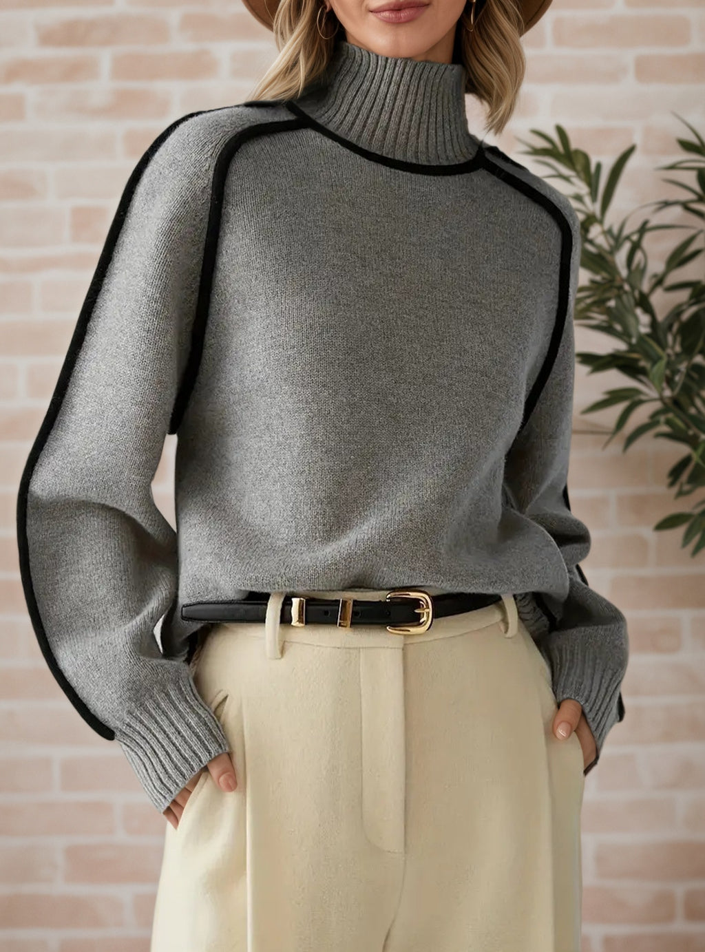 Contrast Piping Turtleneck Knit Sweater - Grey