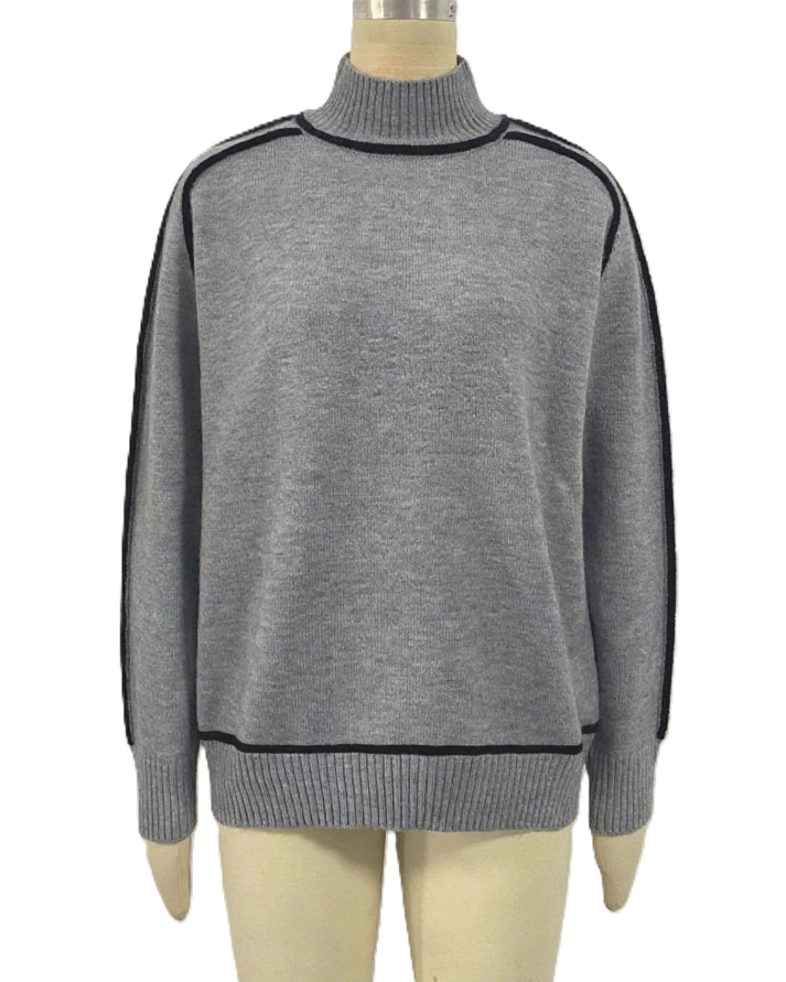 Contrast Piping Turtleneck Knit Sweater - Grey - 1