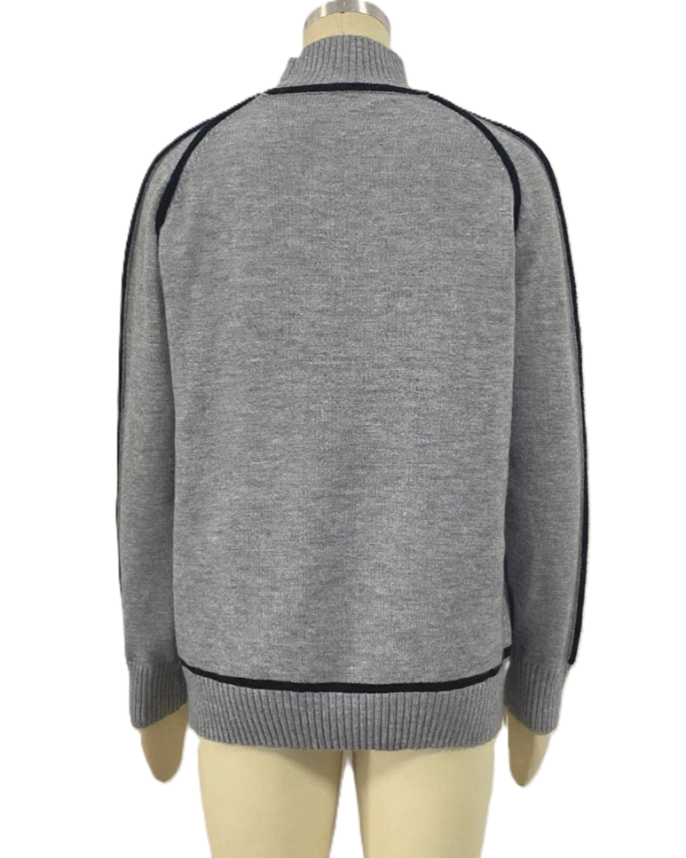 Contrast Piping Turtleneck Knit Sweater - Grey - 3