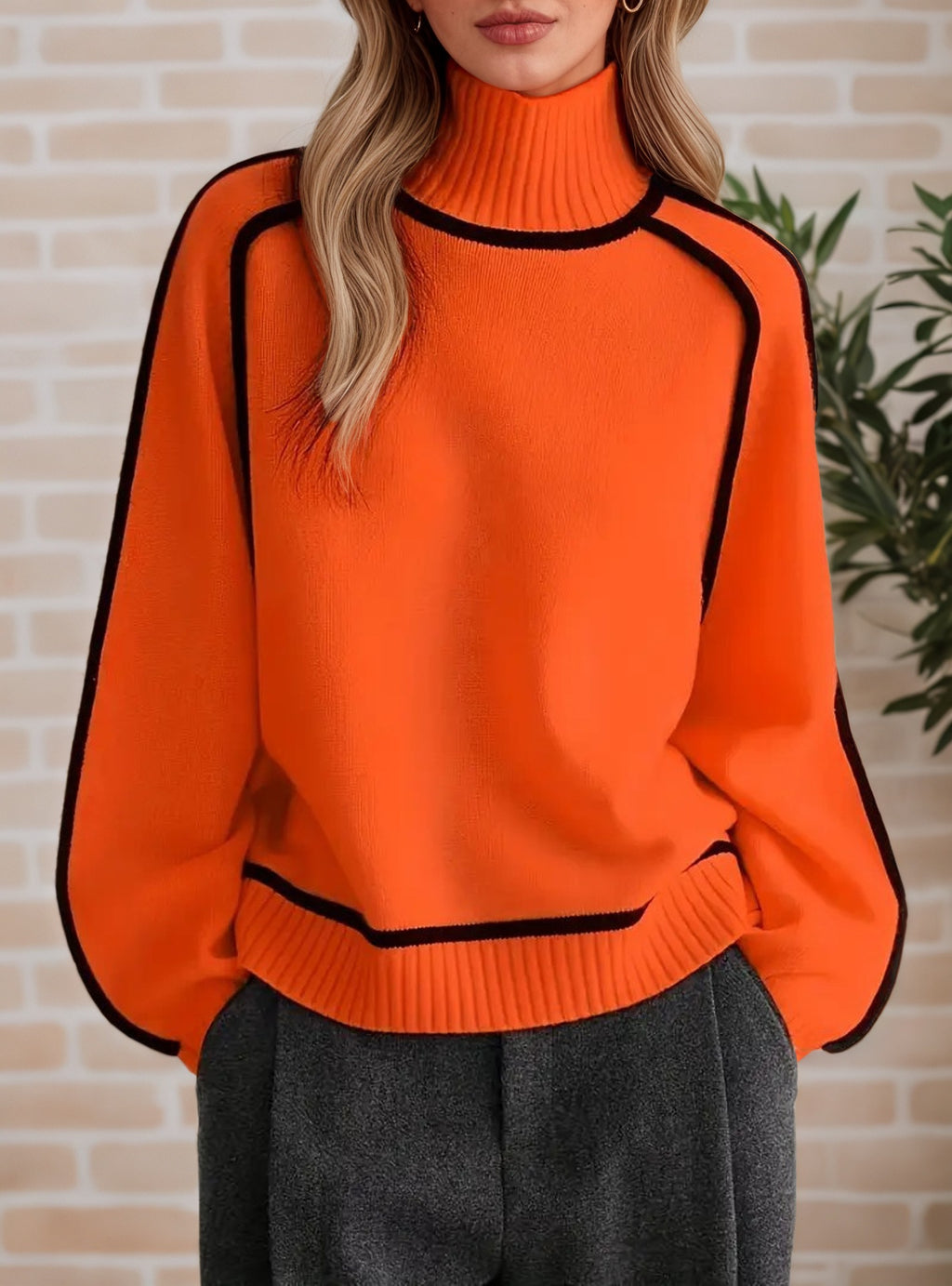 Contrast Piping Turtleneck Knit Sweater - Orange