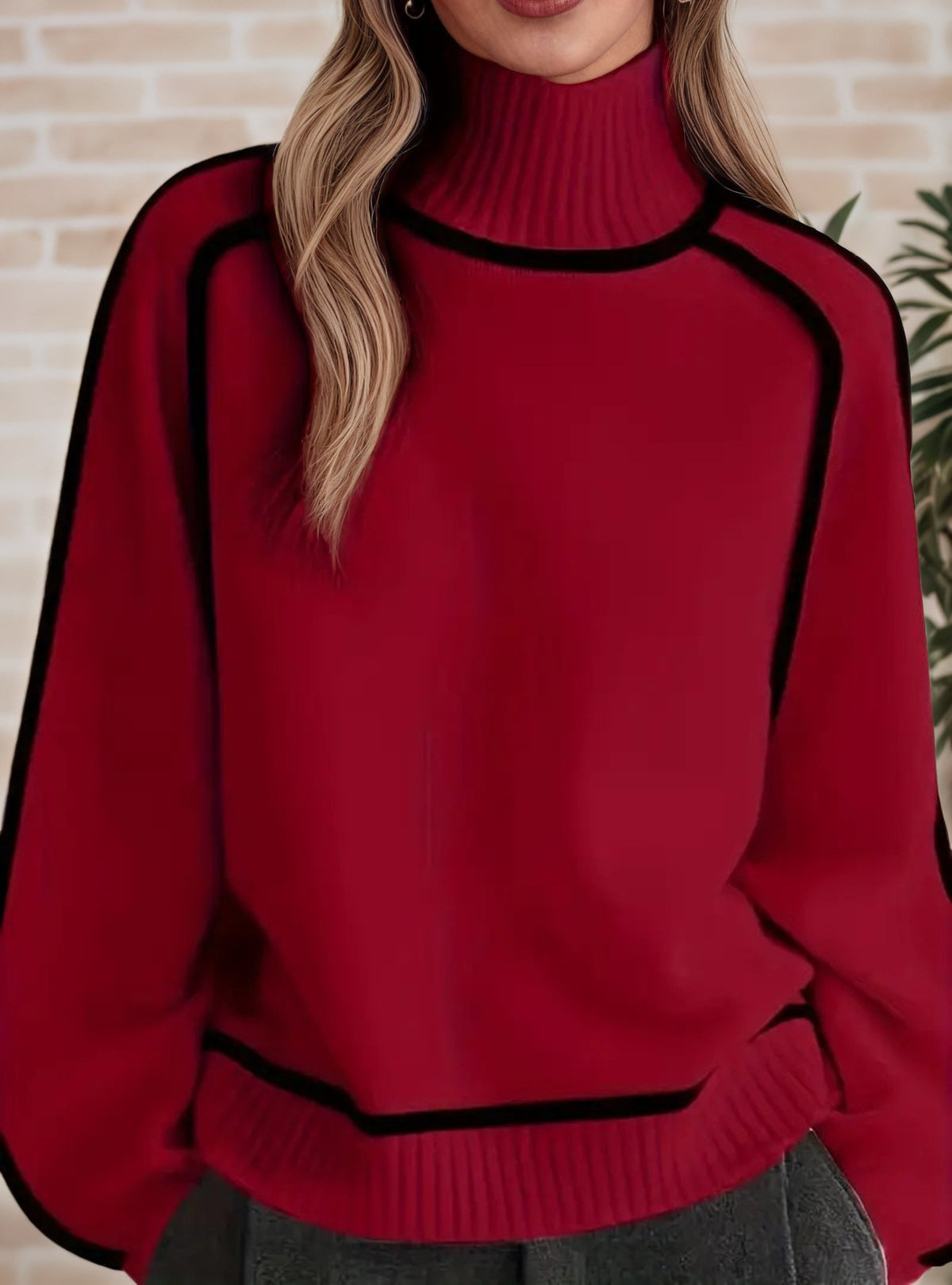 Contrast Piping Turtleneck Knit Sweater - Red