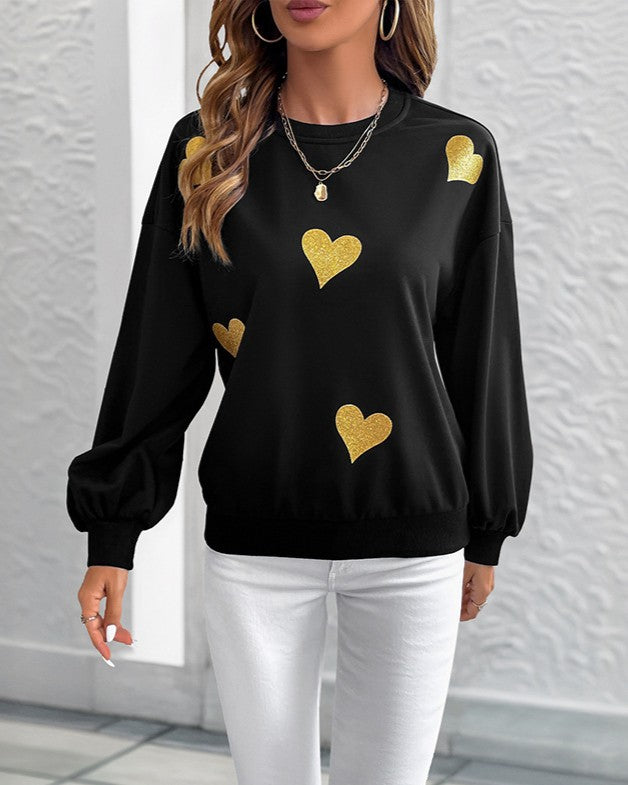 Scattered Heart Print Balloon Sleeve Sweatshirt - Black