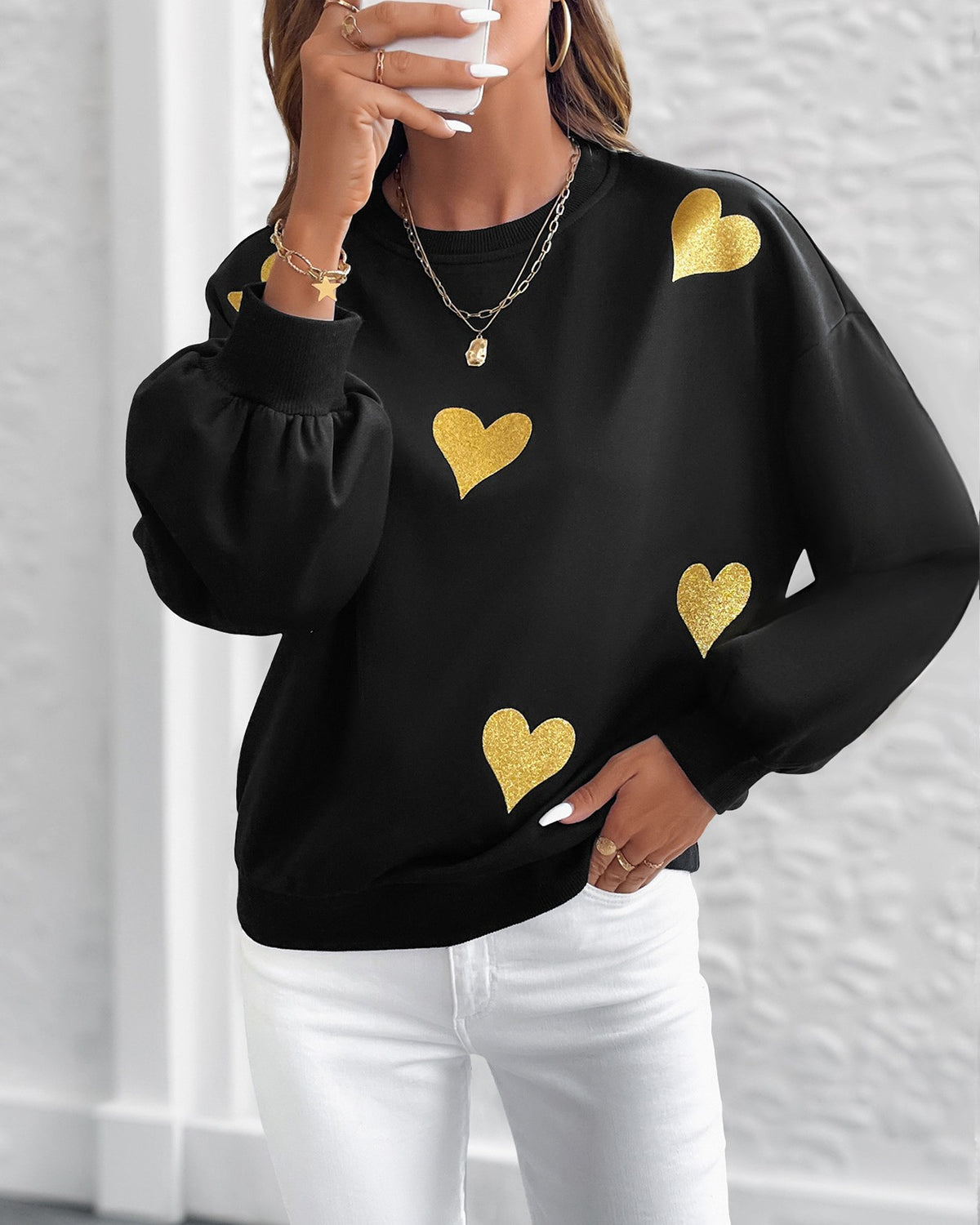 Scattered Heart Print Balloon Sleeve Sweatshirt - Black - 1