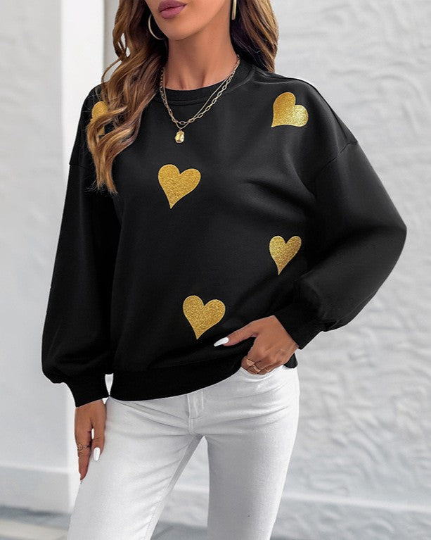 Scattered Heart Print Balloon Sleeve Sweatshirt - Black - 2