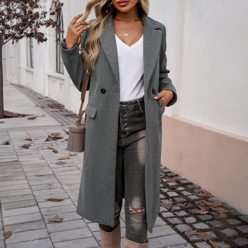 Two Button Notched Lapel Wool Blend Longline Coat - Dark Gray