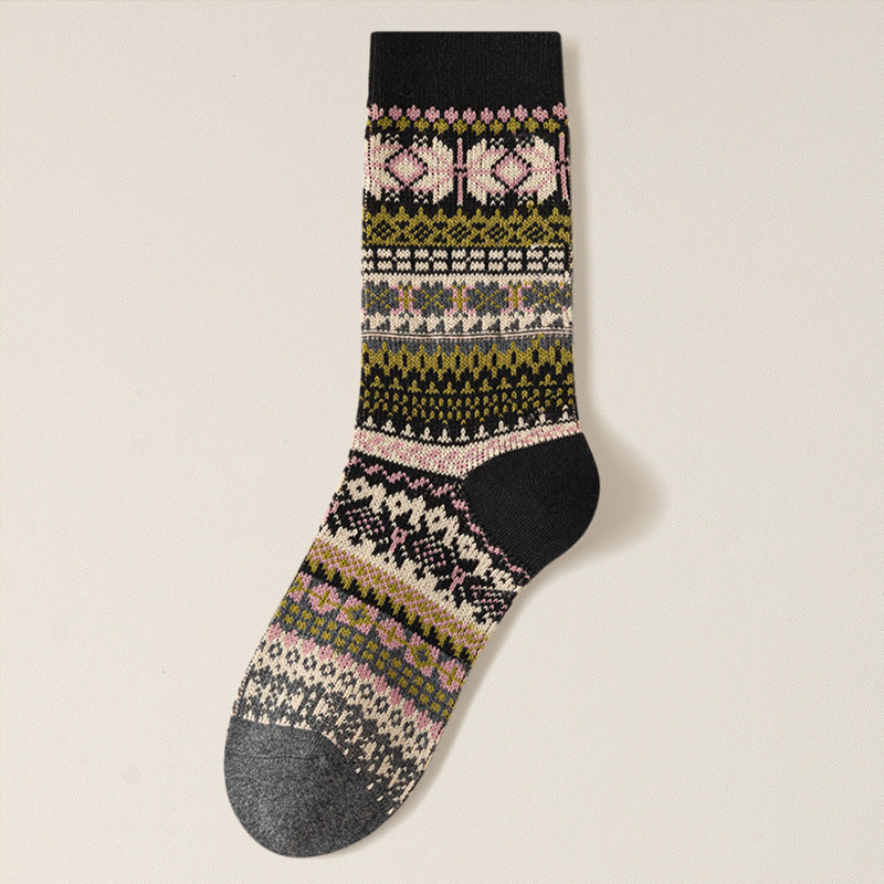 Nordic Fair Isle Pattern Wool Blend Socks - Black