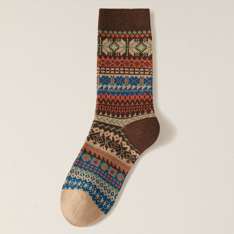 Nordic Fair Isle Pattern Wool Blend Socks - Coffee