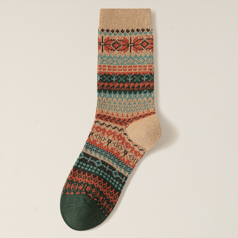 Nordic Fair Isle Pattern Wool Blend Socks - Khaki