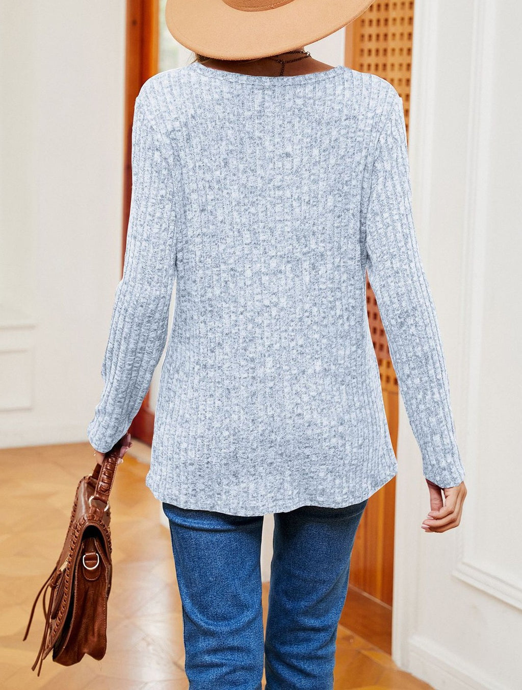 Colorblock Yoke Ribbed Knit Blouse - SkyBlue - 1