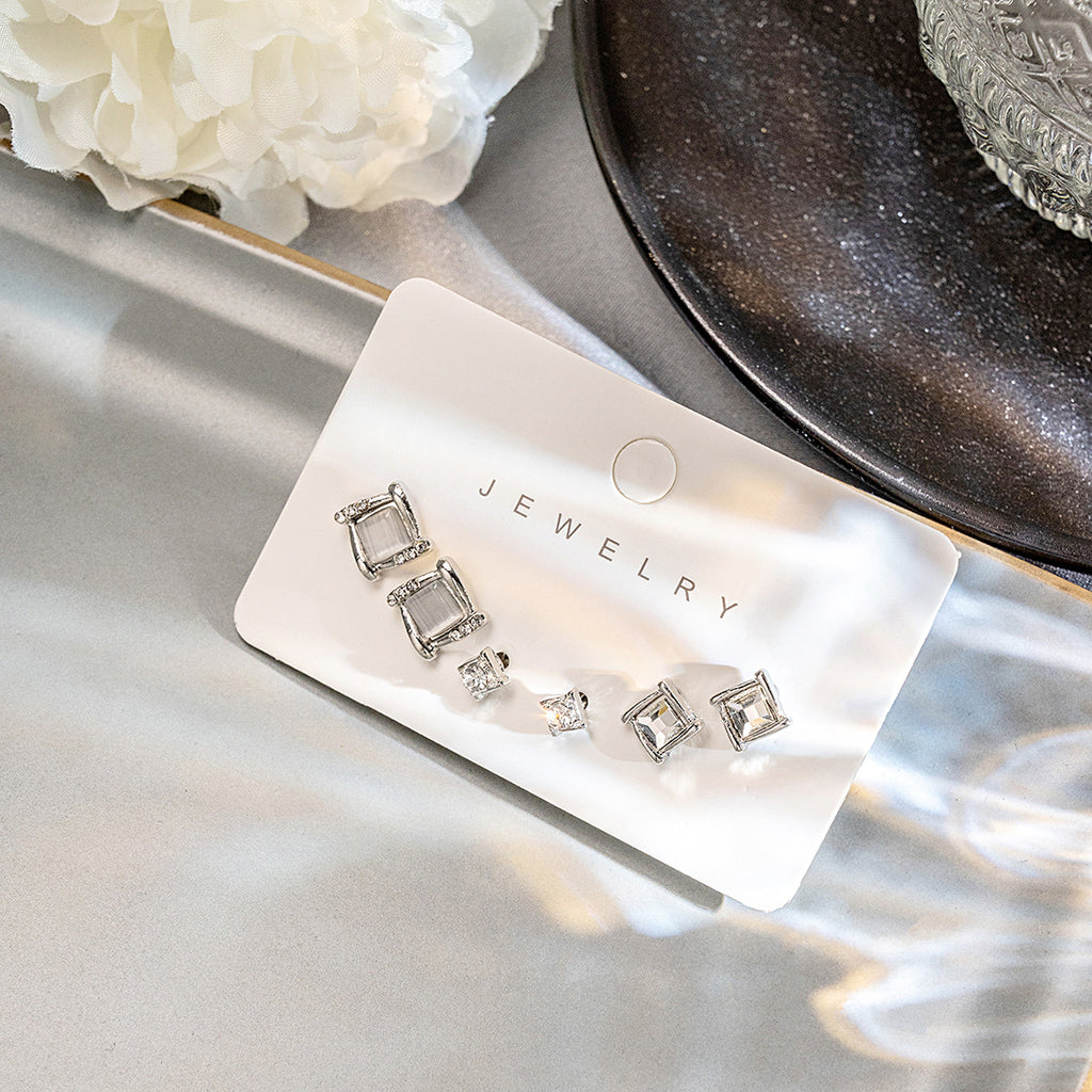 Square Crystal Stud Earring Set - Silvery - 1