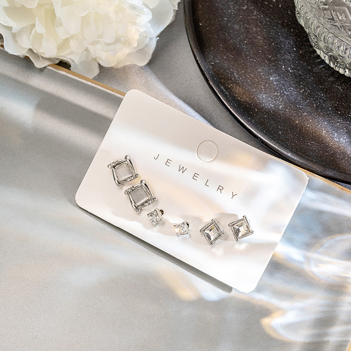 Square Crystal Stud Earring Set - Silvery - 1