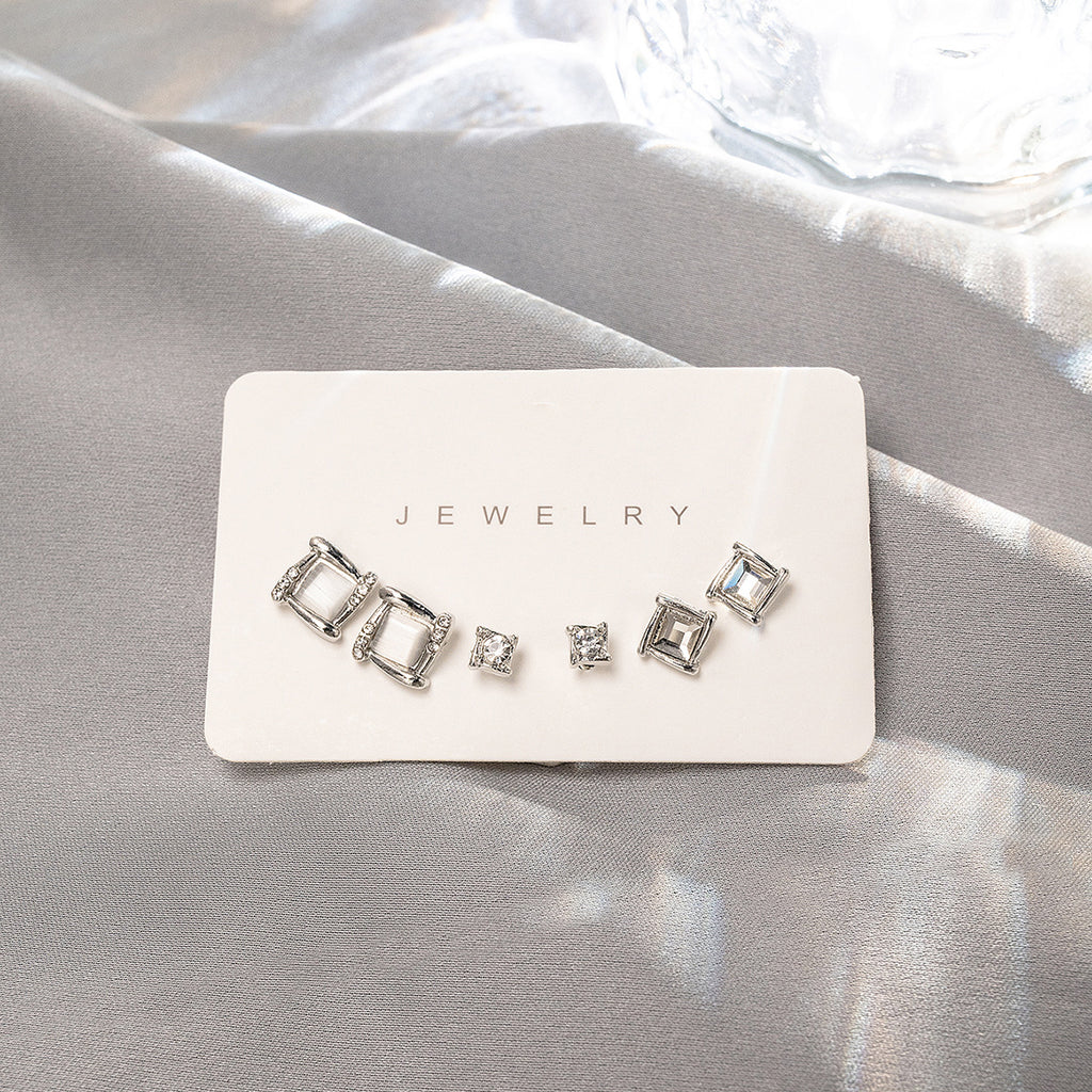 Square Crystal Stud Earring Set - Silvery - 2