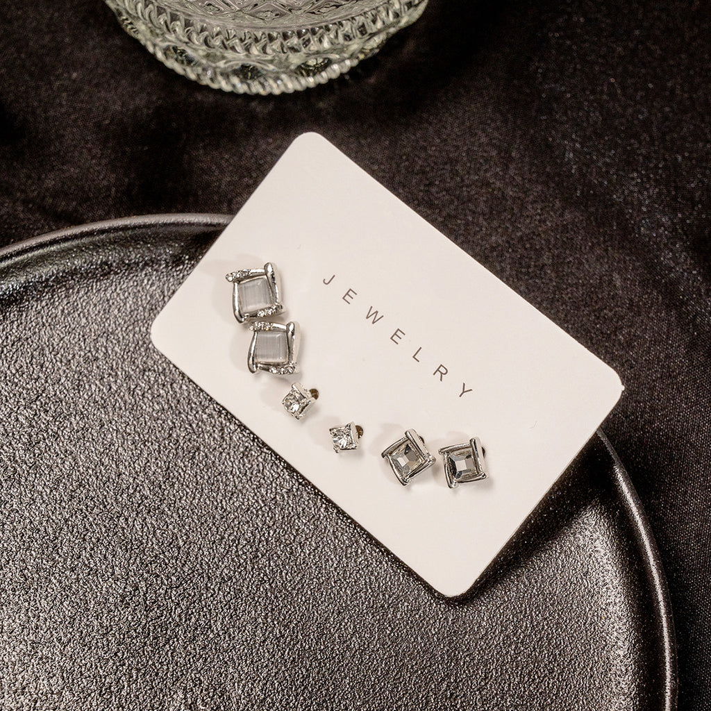 Square Crystal Stud Earring Set - Silvery - 3