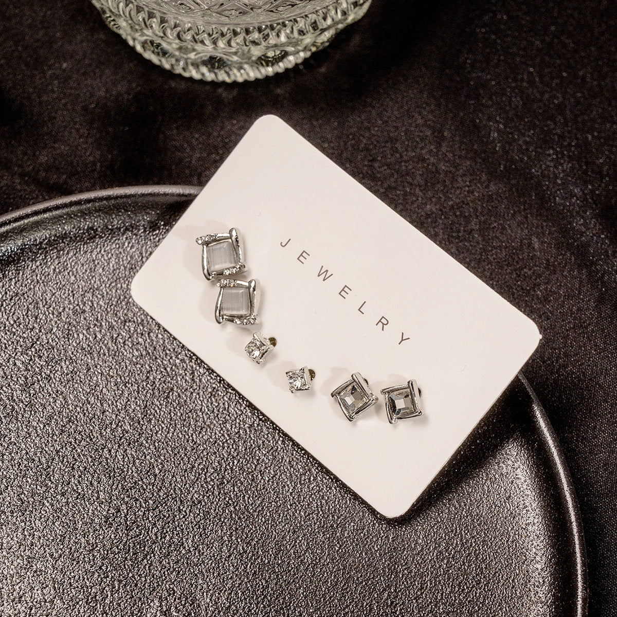 Square Crystal Stud Earring Set - Silvery - 3