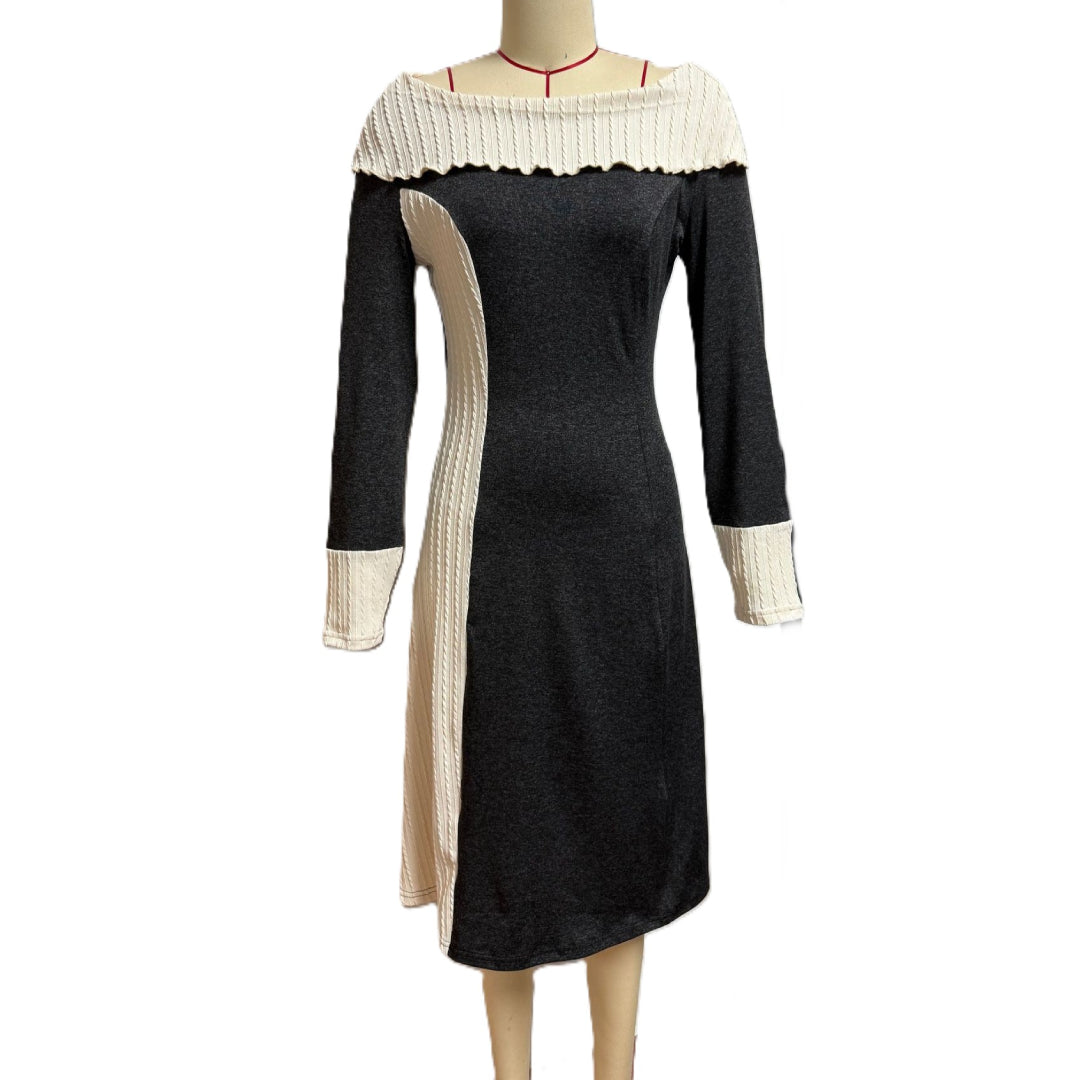 Wide Collar Colorblock Knit Midi Dress - Darkgrey