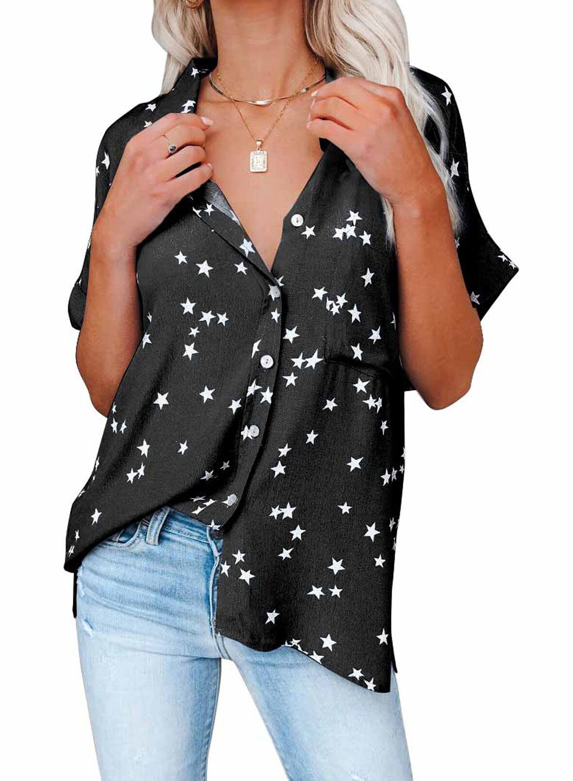 Draped V Neck Star Blouse With Cuffed Sleeves - Black