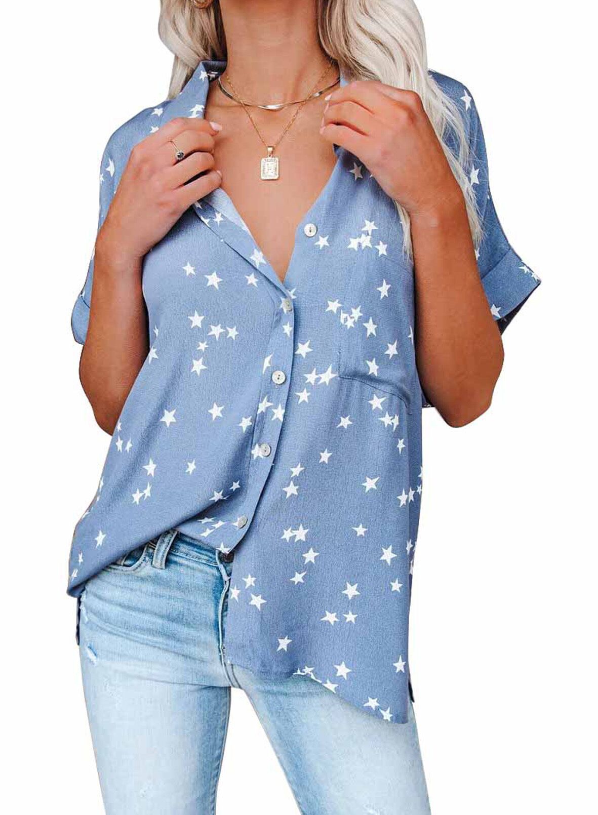 Draped V Neck Star Blouse With Cuffed Sleeves - Blue
