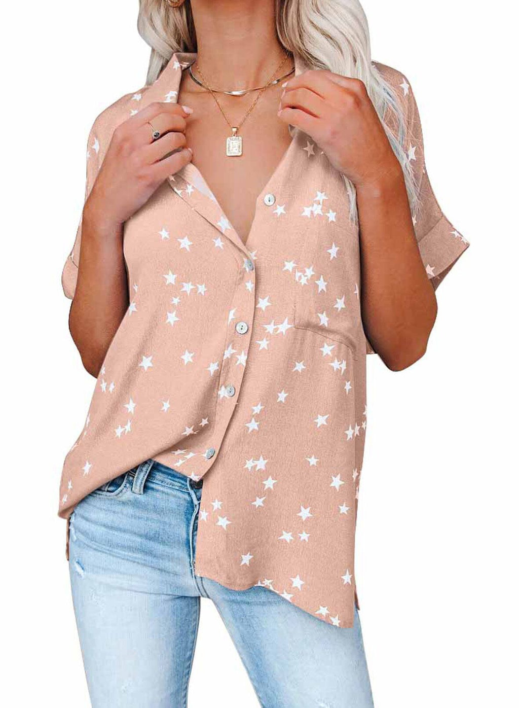 Draped V Neck Star Blouse With Cuffed Sleeves - Pink