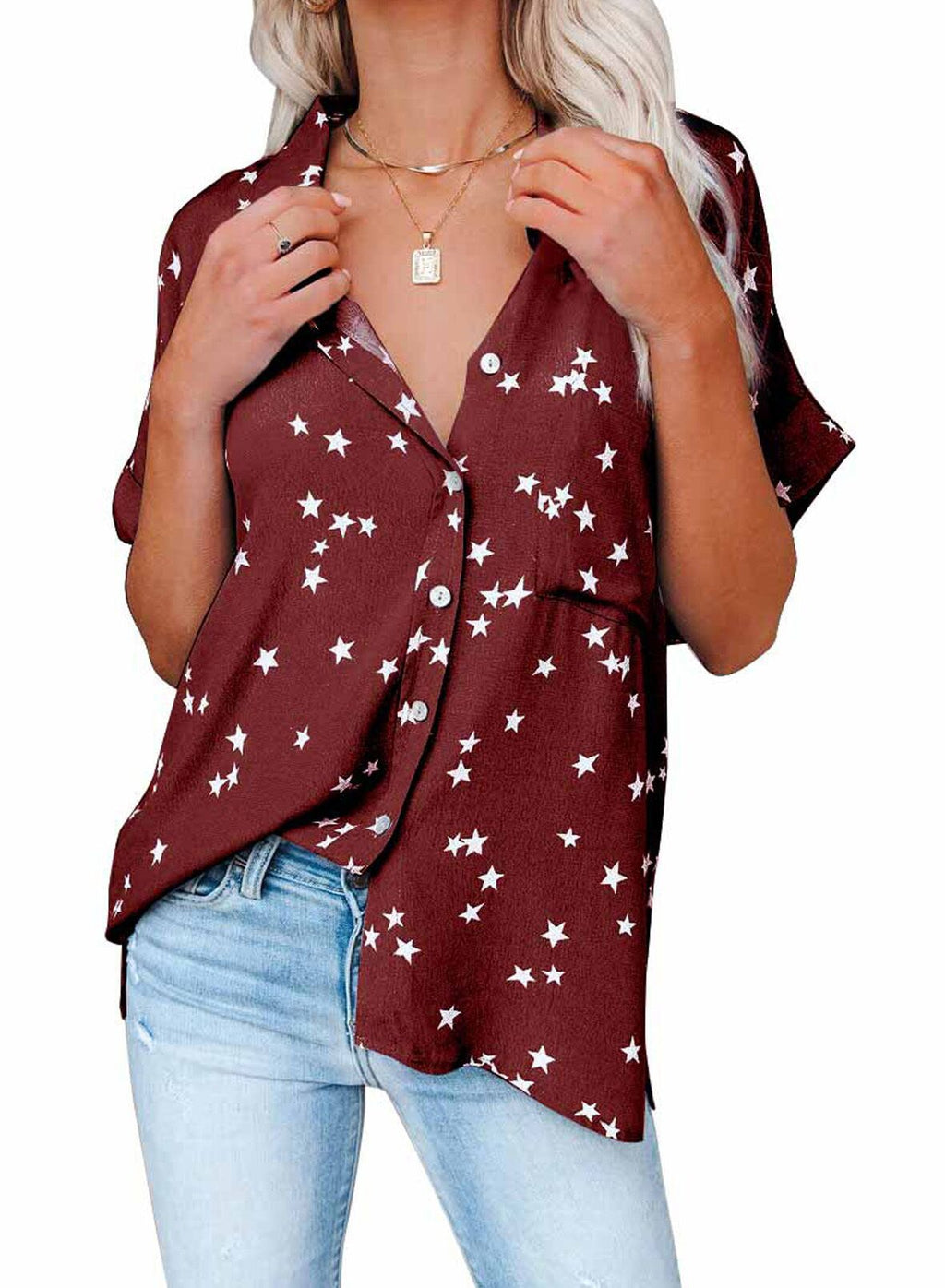 Draped V Neck Star Blouse With Cuffed Sleeves - Red