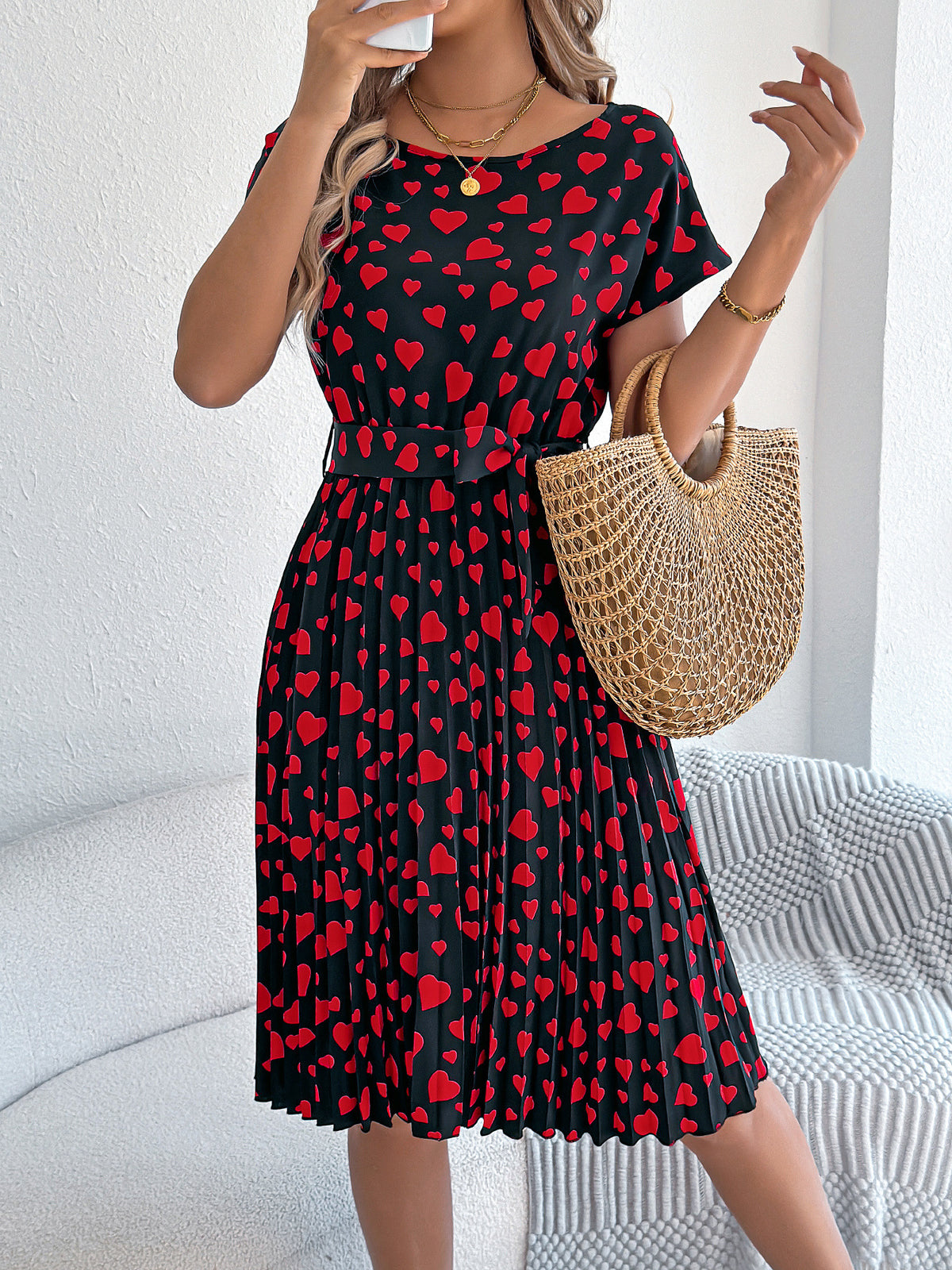 Heart Print Pleated Tie Waist Midi Dress - Black - 1