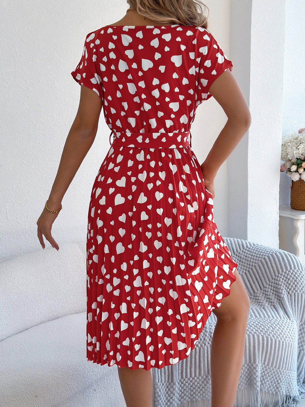 Heart Print Pleated Tie Waist Midi Dress - Red - 1