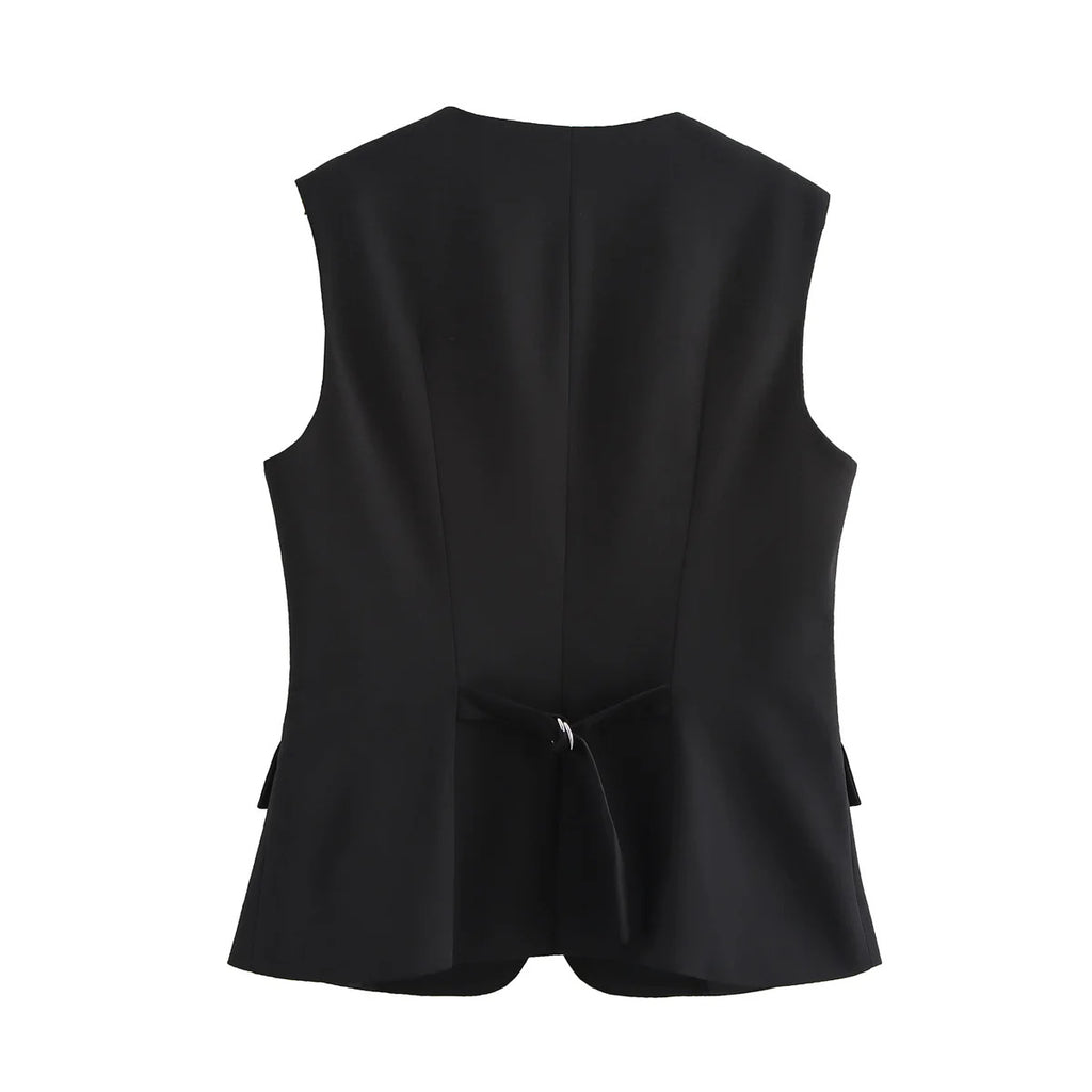 Tie Back Tailored V Neck Waistcoat - Black - 1