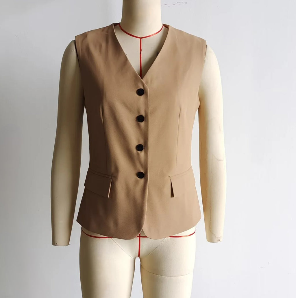 Tie Back Tailored V Neck Waistcoat - Khaki
