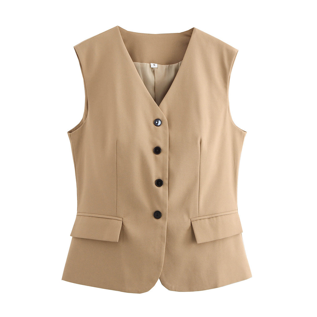 Tie Back Tailored V Neck Waistcoat - Khaki - 1