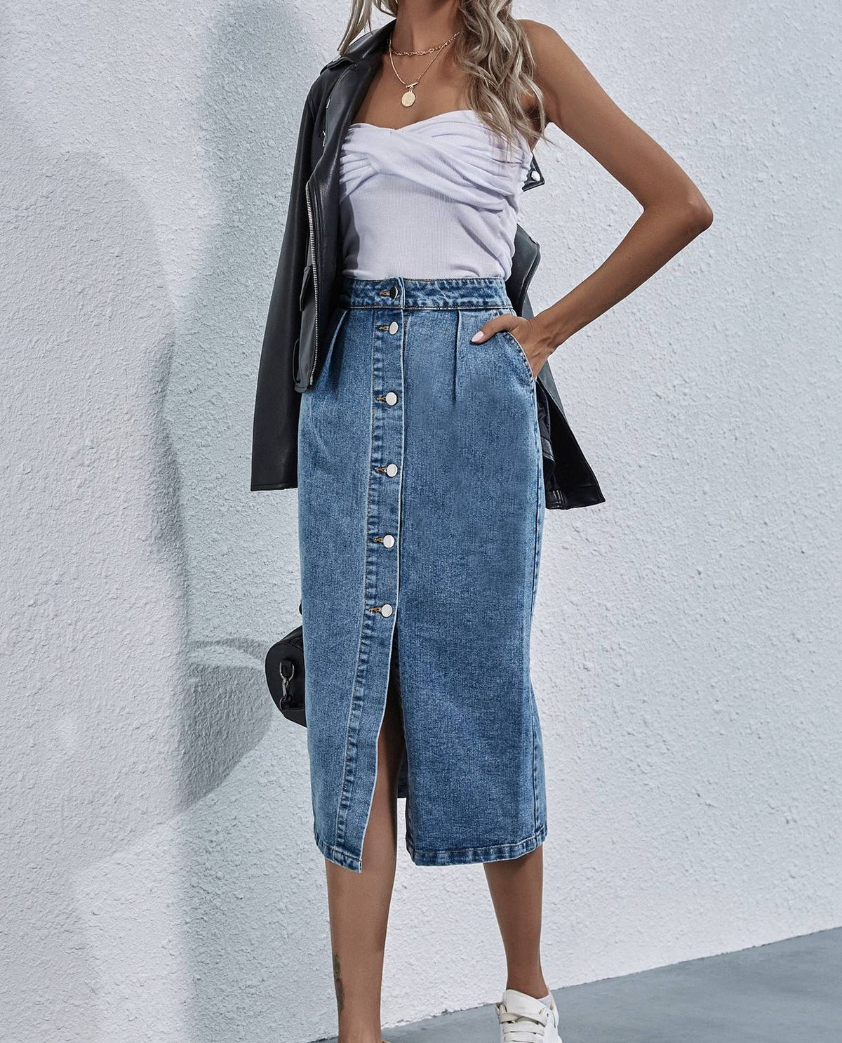 Pleated Waist Button Down Denim Midi Skirt - Blue