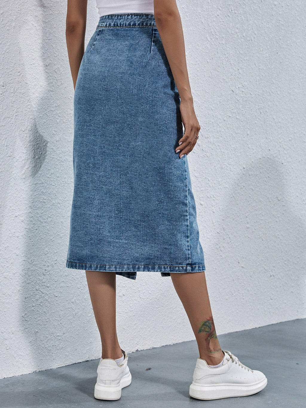 Pleated Waist Button Down Denim Midi Skirt - Blue - 1