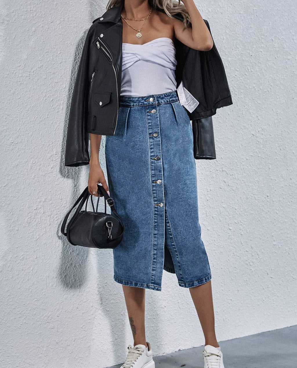 Pleated Waist Button Down Denim Midi Skirt - Blue - 2