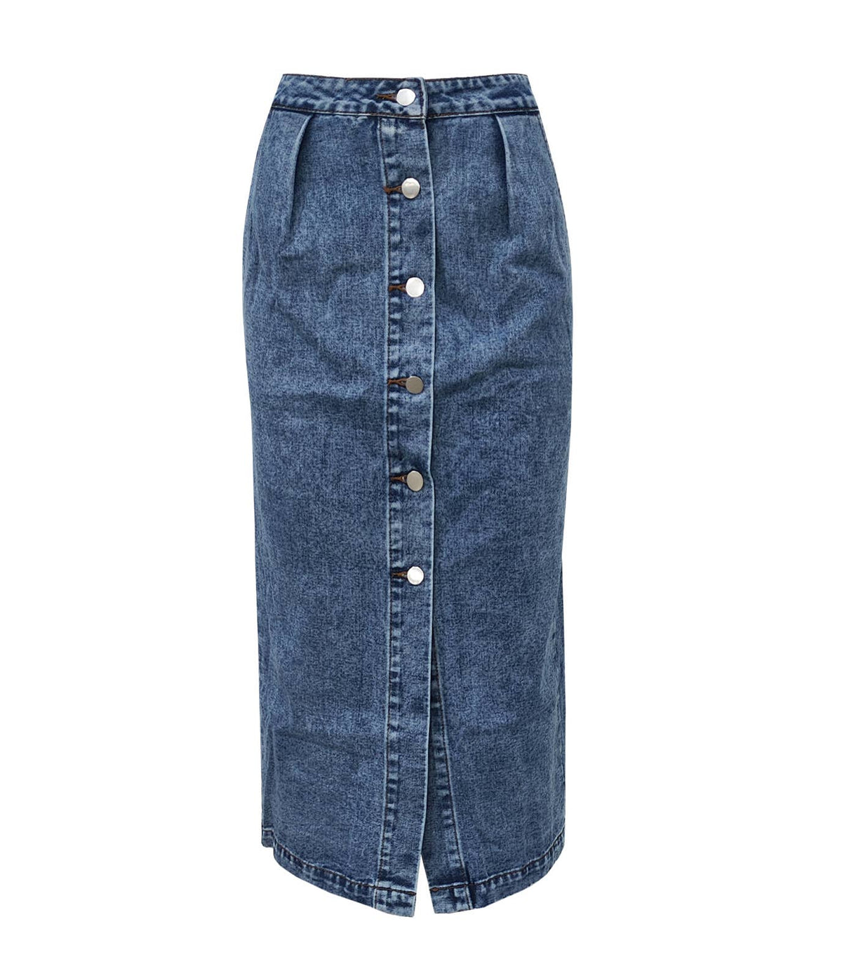 Pleated Waist Button Down Denim Midi Skirt