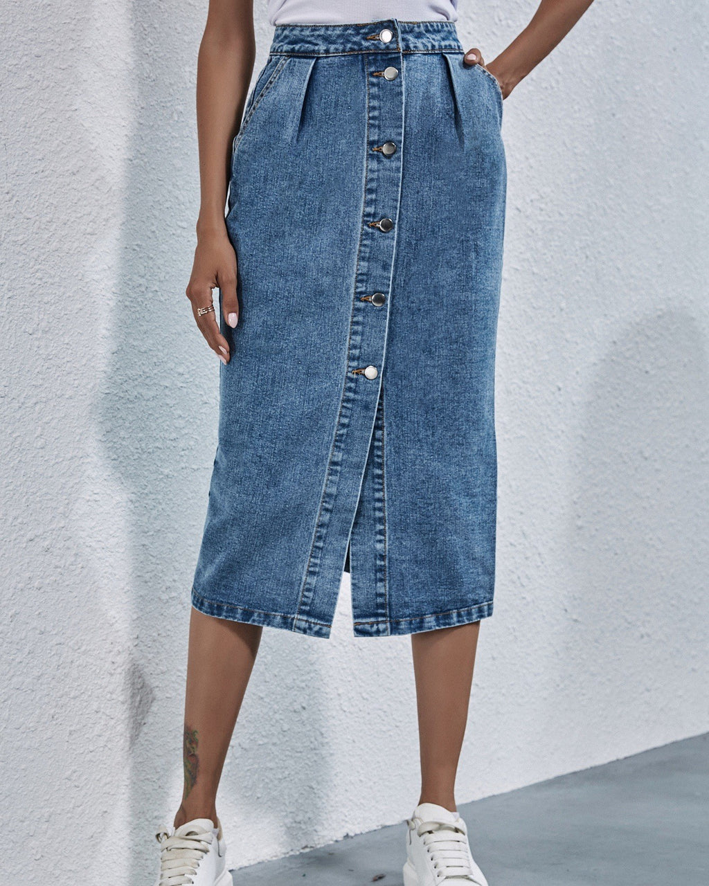 Pleated Waist Button Down Denim Midi Skirt - view 1