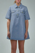Short Sleeve Denim Mini Shirt Dress - Blue