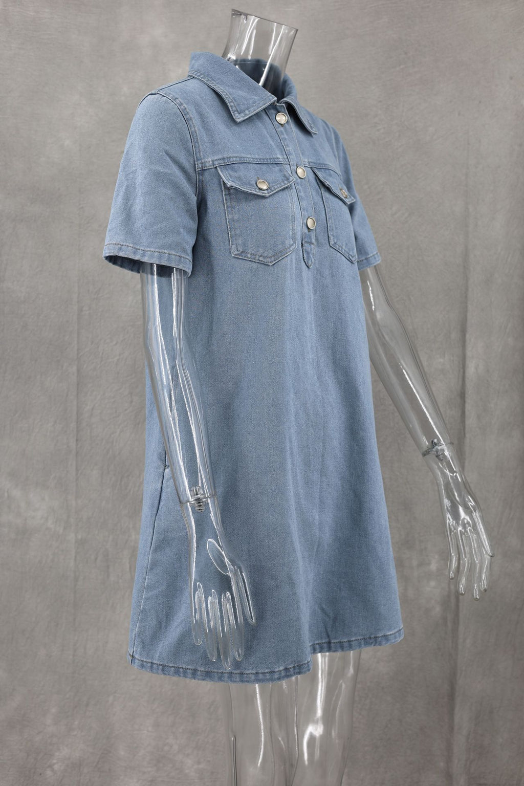 Short Sleeve Denim Mini Shirt Dress - Blue - 2