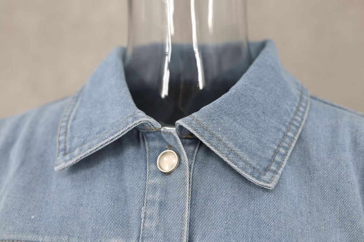 Short Sleeve Denim Mini Shirt Dress - Blue - 8