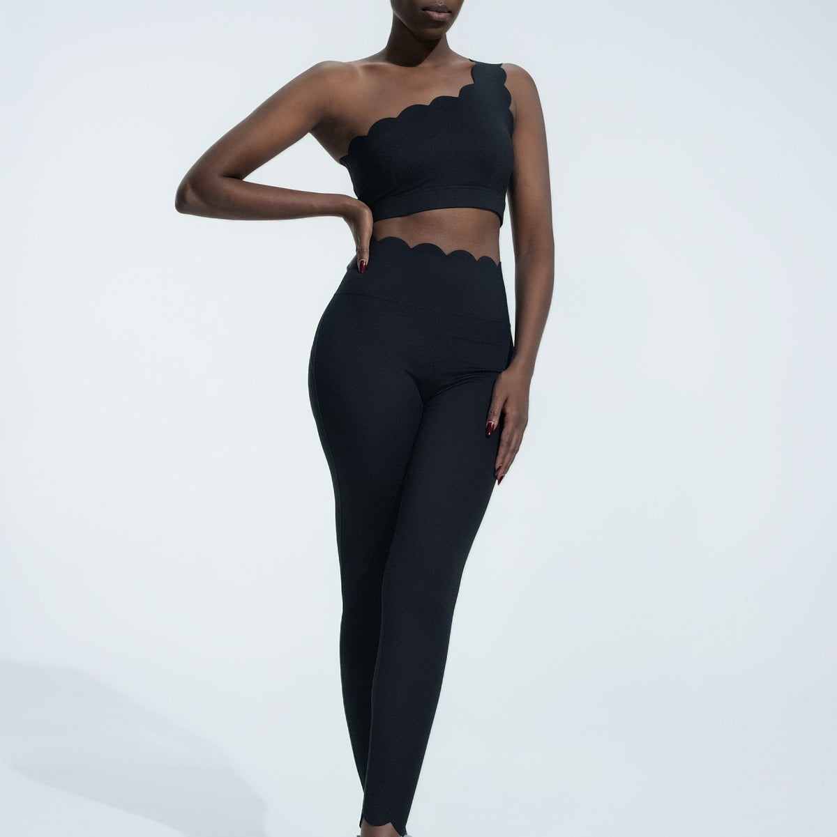 Scalloped One Shoulder High Waist Yoga Leggings Set - Black