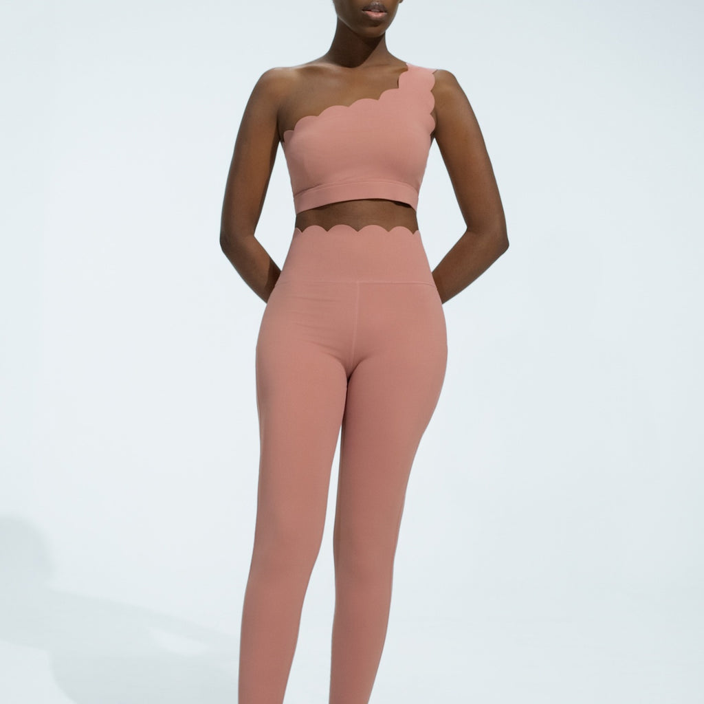Scalloped One Shoulder High Waist Yoga Leggings Set - Cinnamon