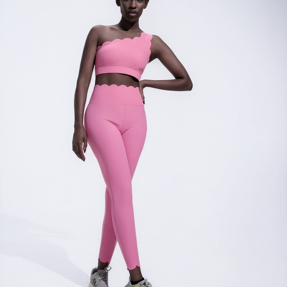 Scalloped One Shoulder High Waist Yoga Leggings Set - Flamingo Pink